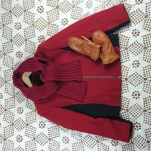 Cashmere Wool Blend Red And Black Light Weight Zip Up Jacket